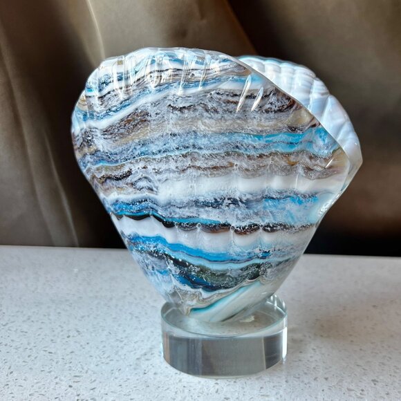 Handcrafted Blown Glass Shell Sculpture With Oceanic Swirls On Clear Base - Picture 1 of 7